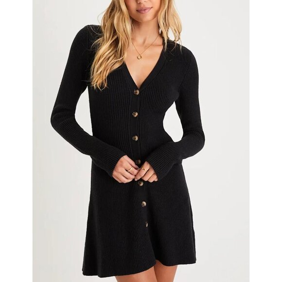 Women's Black V-Neck Ribbed Knit Mini Dress Long Sleeve Button Front - Picture 2 of 4